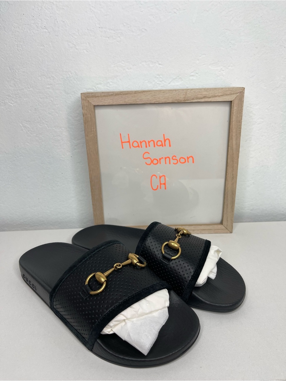 Gucci Black Leather Slide Sandals with Gold Horsebit Detail